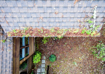 Rain gutter clogged with drone view